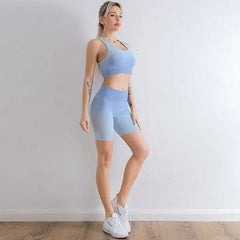 2021 Sports Set Women Gradient Fitness Yoga Tracksuit Gym Jogging Blue Charlie