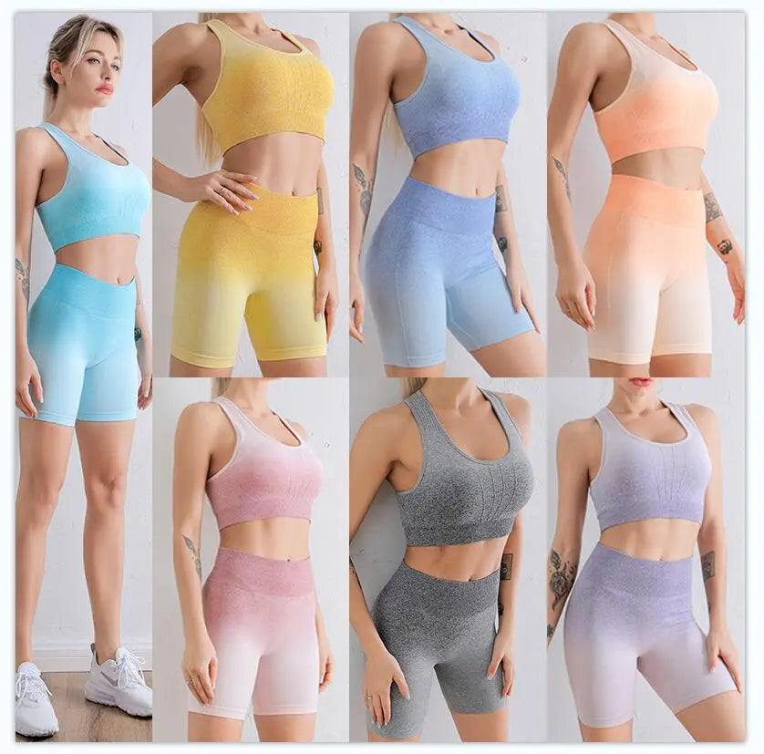 2021 Sports Set Women Gradient Fitness Yoga Tracksuit Gym Jogging Blue Charlie